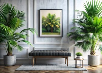 Fototapeta premium Stylish Interior Design Featuring a Modern Bench, Elegant Frame, and Lush Palm Leaves for a Serene Living Space Aesthetic