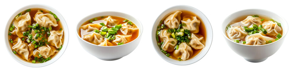 Set of Chinese wonton soup with green onions, isolated on a transparent background.