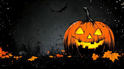 A Carved Jack-o'-Lantern with a Grinning Face, Illuminated by a Warm Glow,  Against a Dark Backdrop of Silhouettes of Trees and Bats, and Scattered Autumn Leaves on a Rough Ground