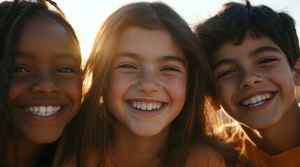 Fototapeta premium Closeup of three diverse young kids, a white girl with a joyful grin and medium-length hair, a Black girl with a bright smile and long hair