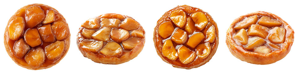 Set of French tarte Tatin with caramelized apples, isolated on a transparent background.