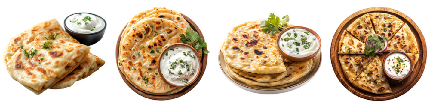 Set of Indian aloo paratha with yogurt, isolated on a transparent background.