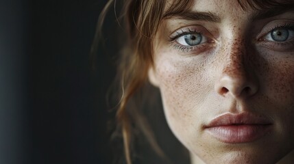 Fototapeta premium Close-Up Portrait of a Woman with Freckles and Striking Blue Eyes, Emphasizing Natural Beauty and Soft Features Against a Dark Background