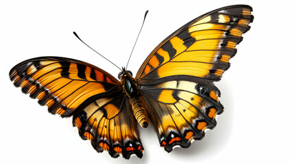 Obraz premium A Detailed Close-Up of a Vibrant Orange and Black Butterfly with Delicate Wing Patterns Spread Open Against a Pure White Background, Showcasing its Intricate Details and Natural Beauty
