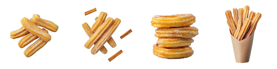 Set of Mexican churros with cinnamon sugar, isolated on a transparent background.
