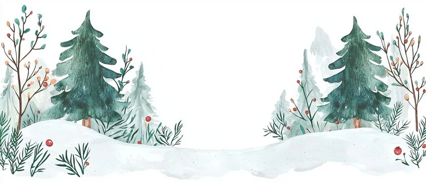 A serene winter landscape featuring lush green pine trees, delicate snow, and subtle red berries, creating a peaceful and festive scene.