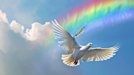 Obraz premium A peaceful dove with an olive branch flying over a rainbow