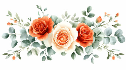 Fototapeta premium Watercolor Painting of a Bouquet of Roses and Eucalyptus Leaves, a Romantic Floral Composition with a White Background