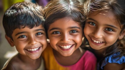 Fototapeta premium Closeup of three happy children, a white boy with a joyful grin and short hair, a Black girl with a playful expression and medium-length hair
