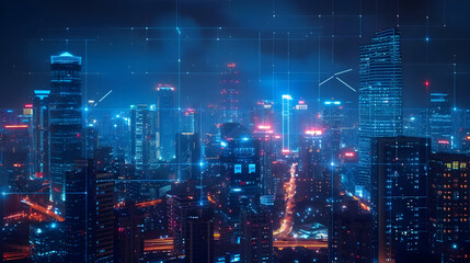 Fototapeta premium Futuristic Cityscape: Digital Network Illuminates Night Skyline, Modern Urban Development, Technological Advancement, Global Connectivity