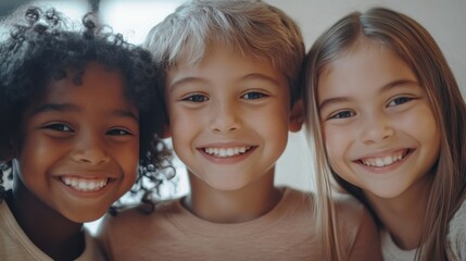 Closeup of three happy kids, a Black girl with a joyful expression and short curly hair, a white boy with a cheerful grin and medium-length hair