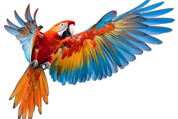 Obraz premium Isolated exotic parrot in midair against a white backdrop. Generative Ai