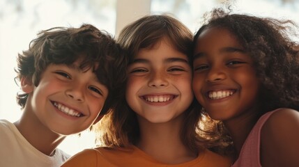 Fototapeta premium Closeup of three happy kids, a Hispanic girl with a big smile and medium-length hair, a white boy with a playful grin and curly hair
