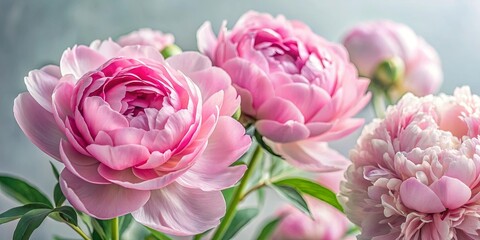 Fototapeta premium Close-up view of delicate pink peonies in full bloom, showcasing their soft petals and lush greenery.
