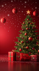 Festive Christmas Decorations on Blank Background with Tree, Gifts, Balloon, and Lights | Vertical AR 9:16 Stock Photo