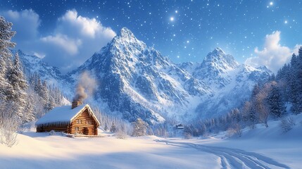 Fototapeta premium A serene winter landscape featuring a cozy cabin amidst snow-covered mountains and a starry sky.