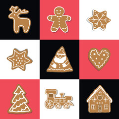 Fototapeta premium Christmas Cookies Square Pattern. Seamless Geometric Checkered Print with Gingerbread Cookies. Gingerbread House, Deer, Heart, Gingerbread Man, Star. Holiday Background. Template. Vector illustration.