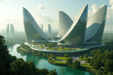 Futuristic Cityscape with Leaf-Shaped Buildings