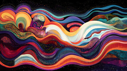 Dynamic graphic showing brainwave patterns with colorful, wave-like lines to represent different states of consciousness, such as beta, alpha, and theta waves. Psychedelic Dream Waves. Illustration