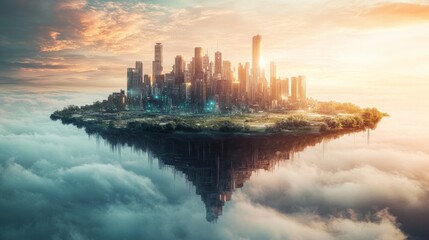 Obraz premium A futuristic city floats above the clouds, illuminated by a vibrant sunset, creating a surreal and ethereal atmosphere.
