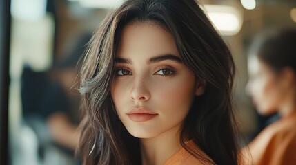 Obraz premium Beautiful Young Girl Looking Confidently at the Camera with Natural Makeup and Soft Hair in a Stylish Salon Environment Capturing a Moment of Elegance and Charm
