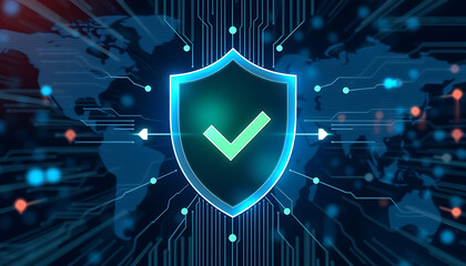 Digital shield with a checkmark in the center, cybersecurity assurance, trusted protection, and data security concept. Digital shield featuring a checkmark at the center, symbolizing cybersecurity