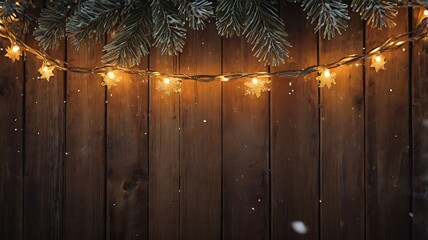 A festive banner featuring glowing fairy lights intertwined with snow-dusted pine branches and glittering snowflakes.