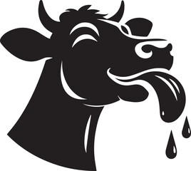 A silhouette of a cow with its tongue out happily licking