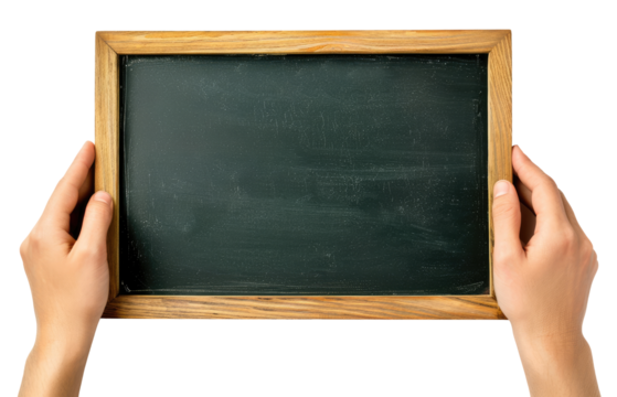 Hands with blank green chalkboard isolated on transparent background