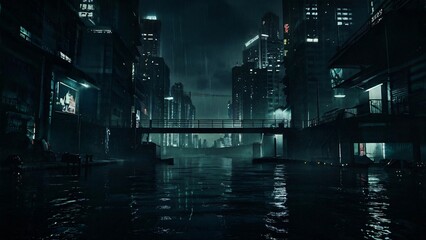 Fototapeta premium Dark cyberpunk city skyline at night