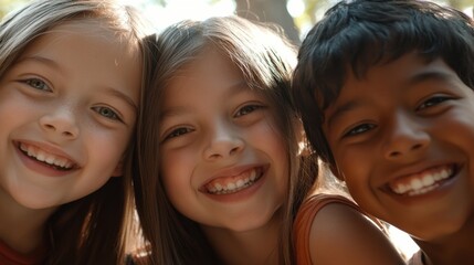 Fototapeta premium Closeup of three kids, a white girl with a bright smile and medium-length hair, a Black girl with a joyful grin and long hair
