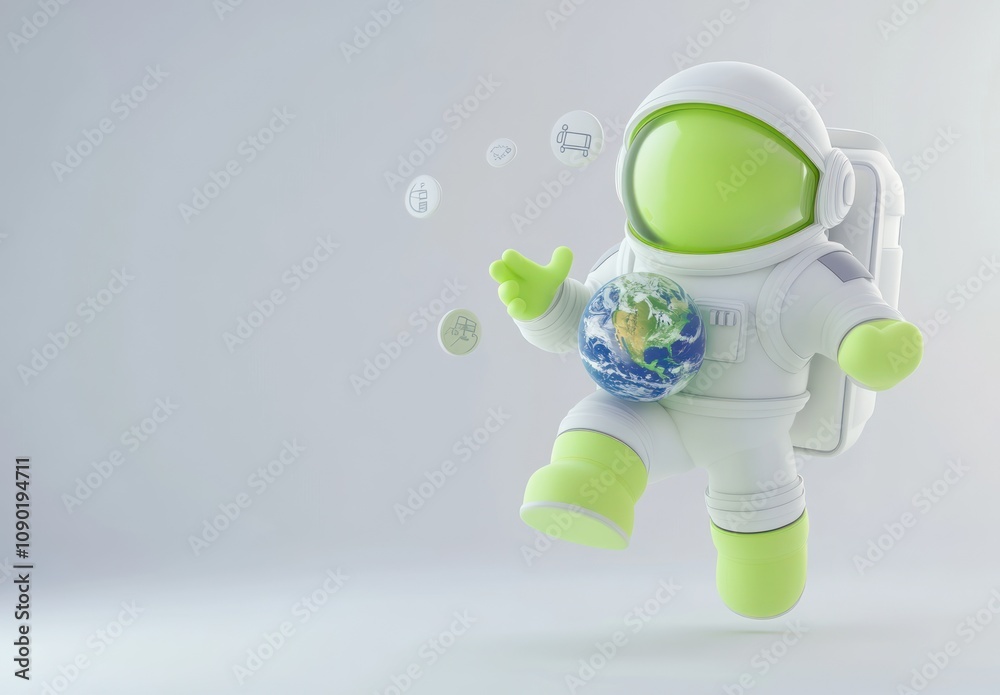 Poster a green astronaut holding the earth, surrounded by icons representing various concepts.