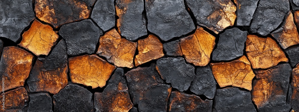 Poster a textured wall made of dark and orange stones, creating a natural and rustic appearance.