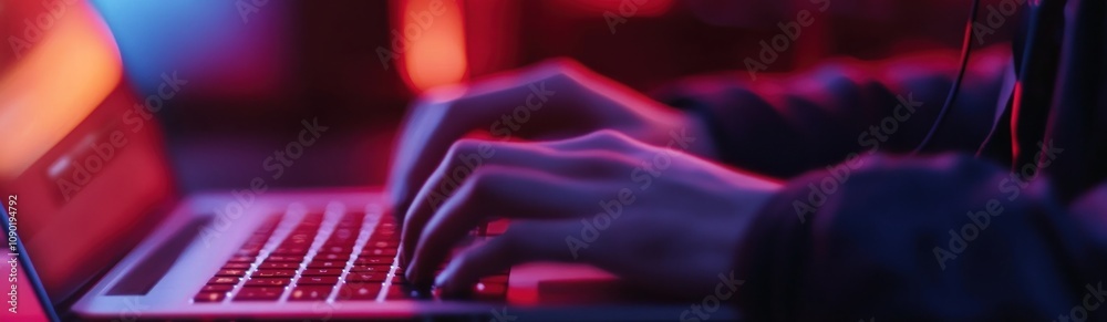 Poster a person typing on a laptop in a dimly lit environment with colorful lighting.