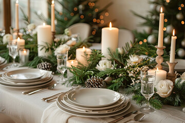 Elegant minimalist Christmas table with silver-plated utensils, muted natural tones, frosted glass accents, a single evergreen garland centerpiece, and soft glowing candles, festive yet simple