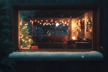 Obraz premium large wooden window looking into living room, beautiful, snow on ledge, christmas lights, cinematic