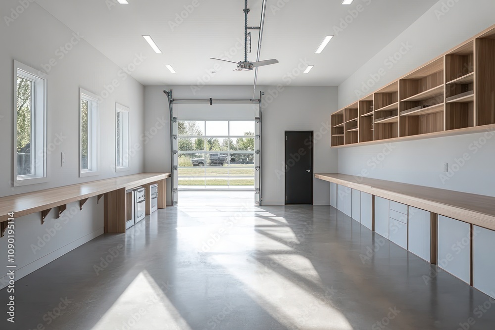 Poster modern workspace with large windows, open layout, and wooden countertops.