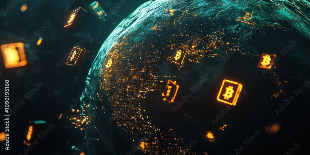 Poster a digital representation of the earth with floating bitcoin symbols, highlighting cryptocurrency.
