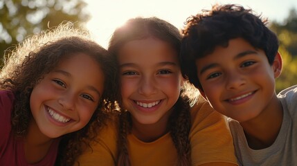 Fototapeta premium Closeup of three kids, a white girl with a radiant grin and short curly hair, a Black girl with a cheerful smile and medium-length hair