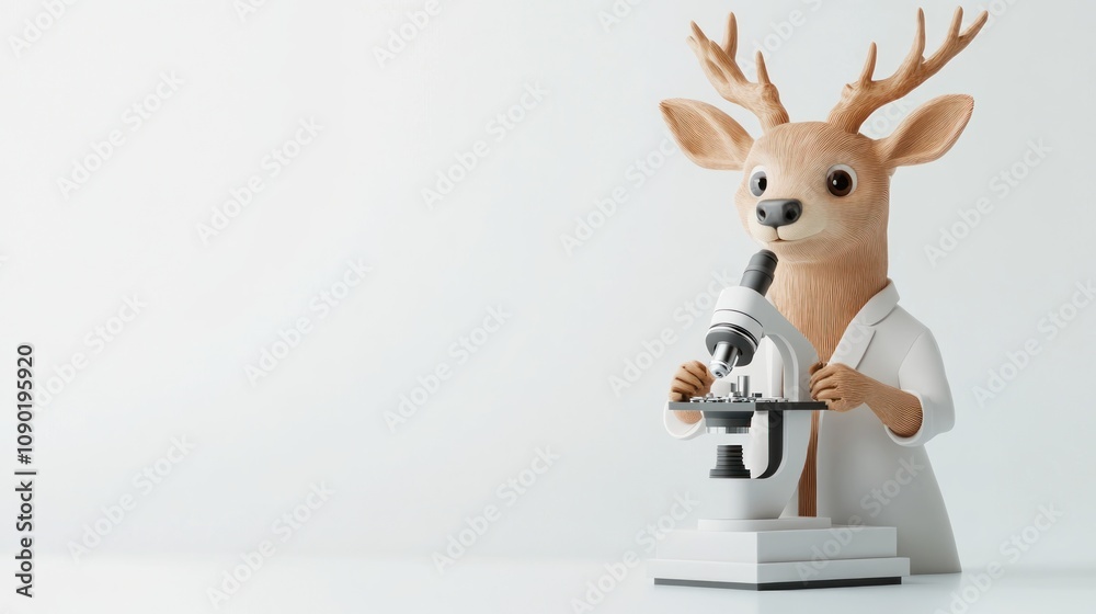 Aufkleber a cartoon deer in a lab coat using a microscope, symbolizing scientific exploration.