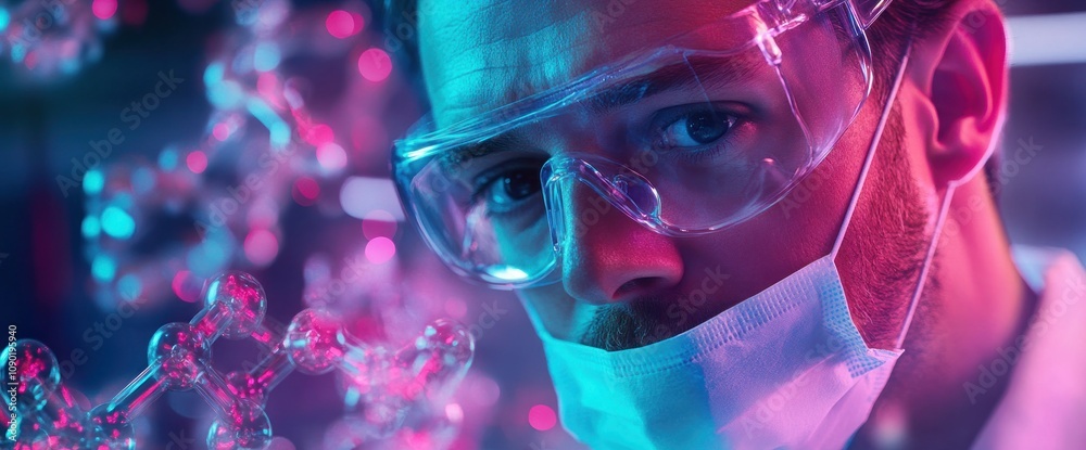 Aufkleber A scientist in protective gear examines molecular structures in a laboratory setting.
