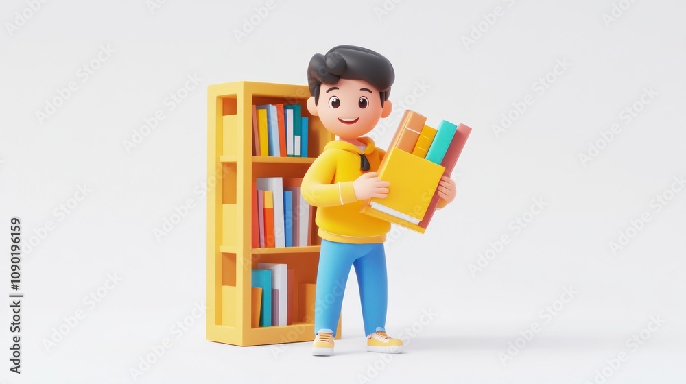 Aufkleber a cheerful character holding books next to a bookshelf, emphasizing reading and learning.