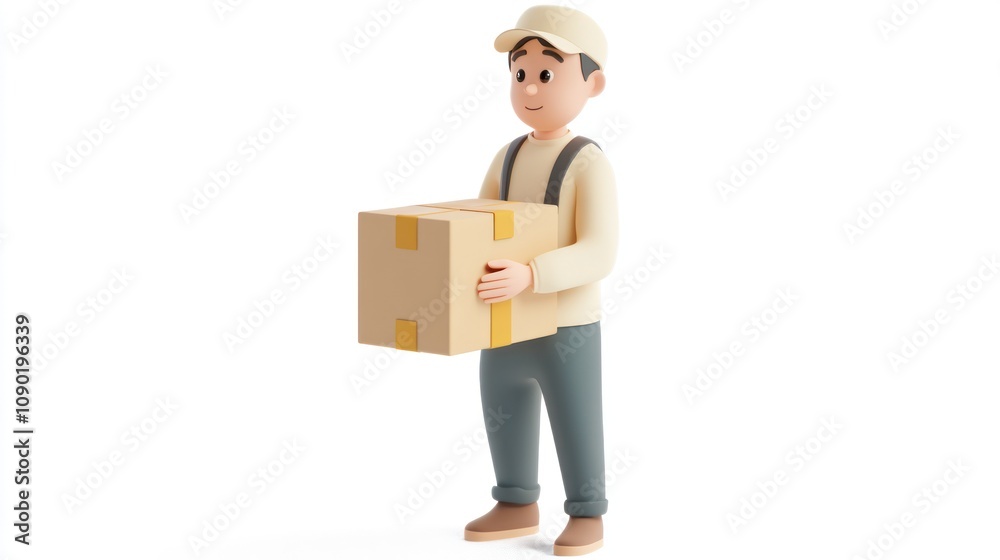 Poster a 3d character holding a package, representing delivery or logistics services.