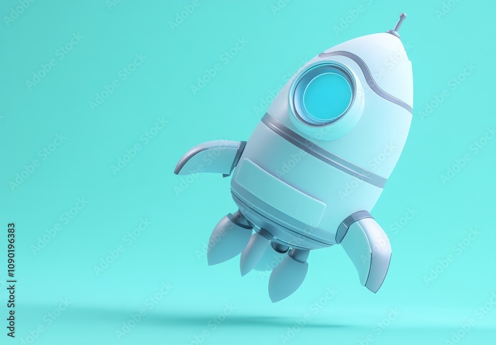 Poster a stylized rocket model floating against a turquoise background, symbolizing exploration.