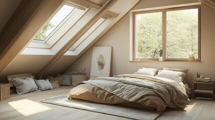 Minimalist attic bedroom with sloped ceilings and skylights