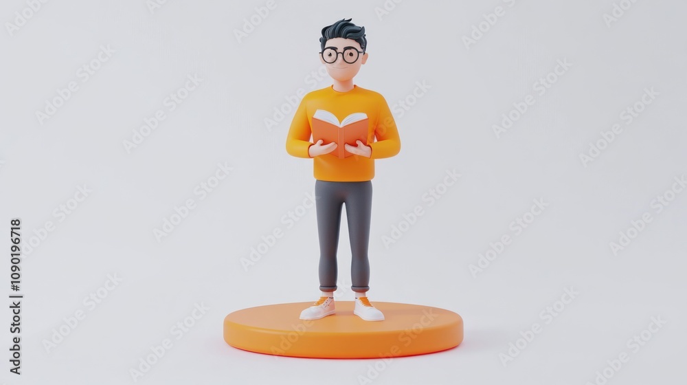 Poster A 3D character reading a book, symbolizing knowledge and learning.