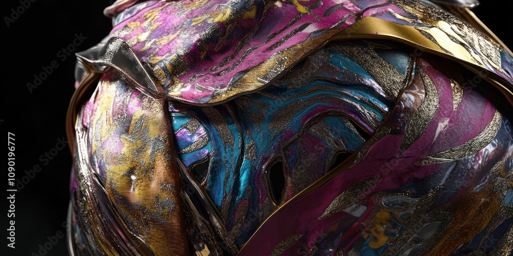 Poster a close-up of a colorful, intricately designed surface with metallic elements.