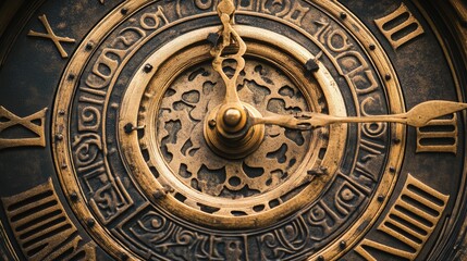 Obraz premium Close-up of a vintage clock face with roman numerals and intricate details.