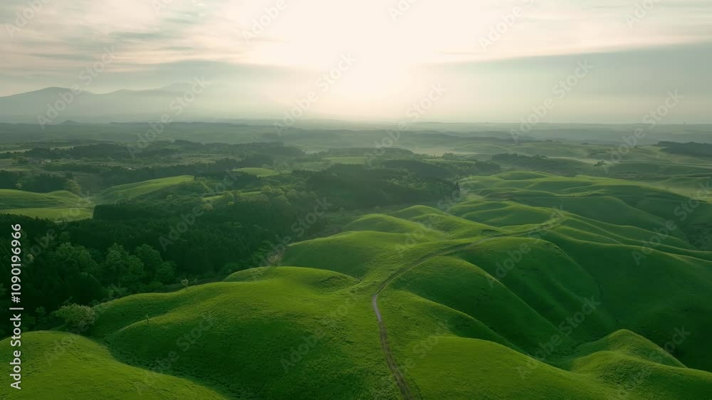 Aufkleber 空撮、風景、景色、大地、自然、環境、朝日、日の出、ドローン、絶景、高原、地平線、パノラマ、草原、グリーン、青空、ダイナミック、高地、道路、遠近感、壮大、広大、大迫力、森林、日本、明日、未来、将来、展望、丘陵地帯、俯瞰、ハイアングル、飛行、上から見た、pov、新緑、エコロジー、エコシステム、GX、地球環境、冒険、環境保護、サステナブル、SDGs、幻想的、ファンタジー、サステナビリティ、グリーントラン