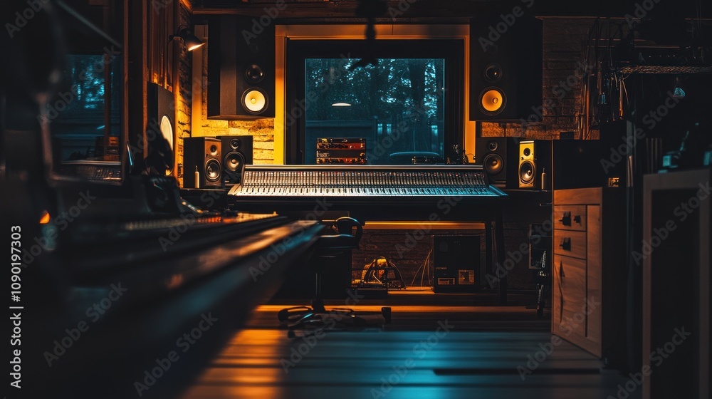Aufkleber a cozy music studio with a large mixing console and warm lighting.